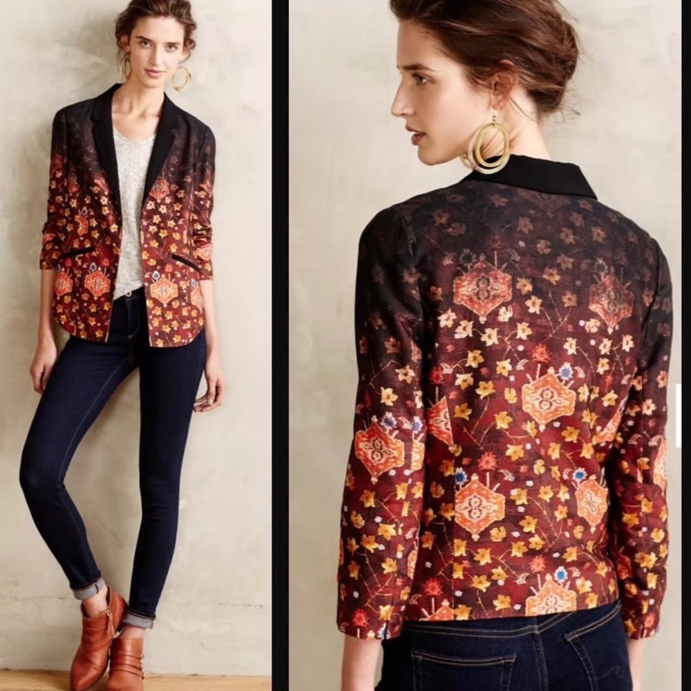 Anthropologie Cartonnier Womens Telluride Ombre Floral Boho Open Blazer Size 4
